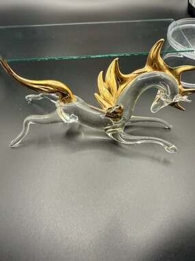 Murano Style Clear and Gold Leaf Glass Pegasus Figurine